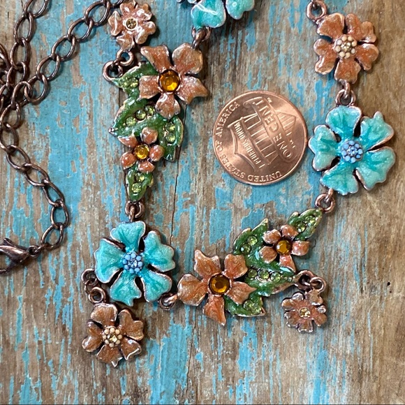 Vintage Enamel Flower Statement Necklace w Sparkly Crystals & Dangles - Picture 3 of 10